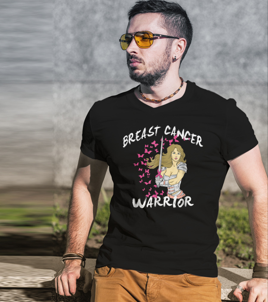 Breast Cancer Warrior Mom Knight With Ribbon Sword And Butterflies T-Shirt