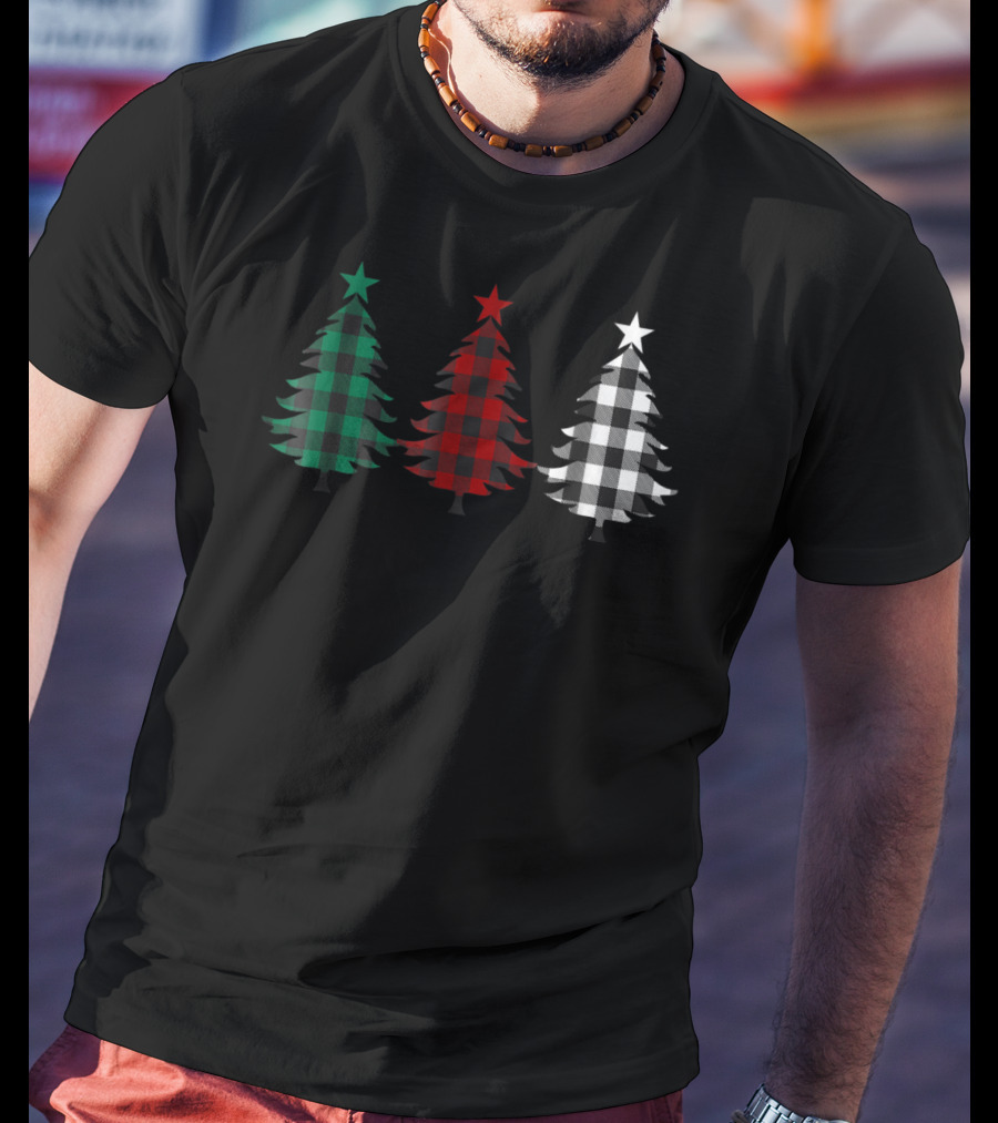 Buffalo Plaid Christmas Trees Dad Kids Green Red White T-Shirt