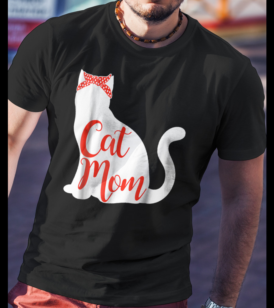 Cat Mom Cute Cat Owner Lover With Red Bow T-Shirt