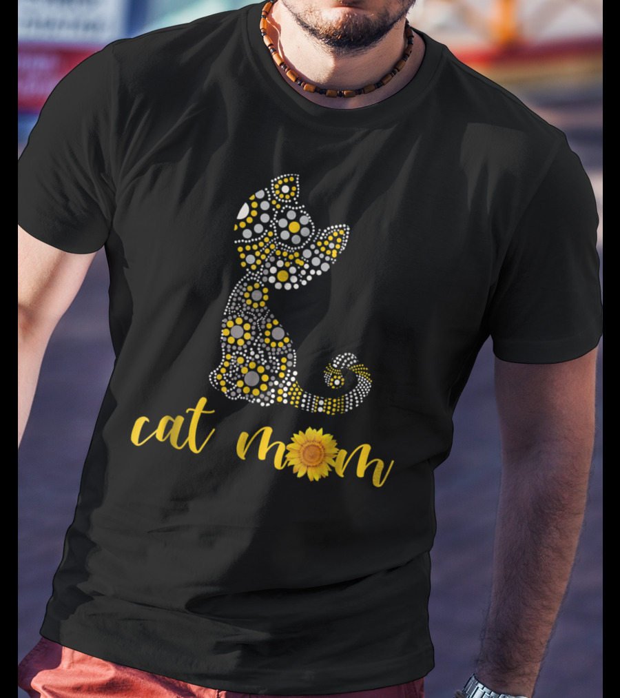 Cat Mom Sunflower Dot Art Funny Cat Lover 90 T-Shirt