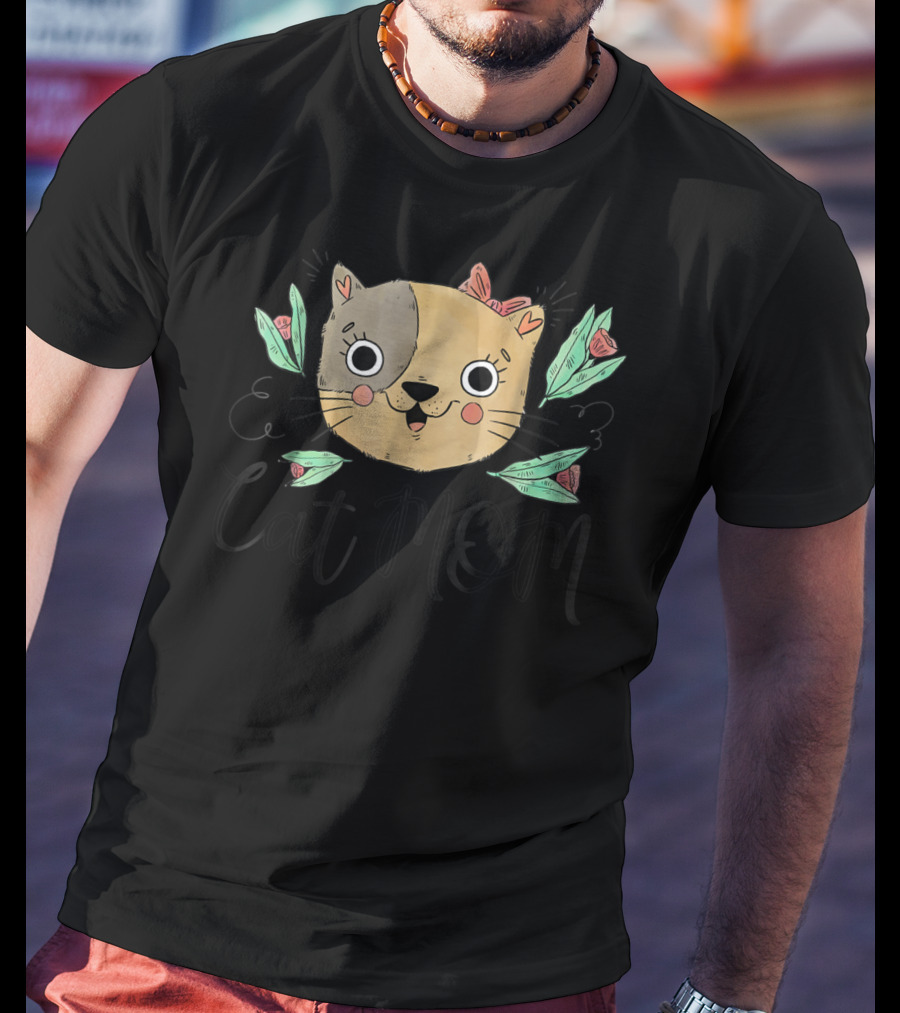 Cat Mom Perfect Cat Lady Kittie Lover With Flowers And Whimsical Cat Face T-Shirt