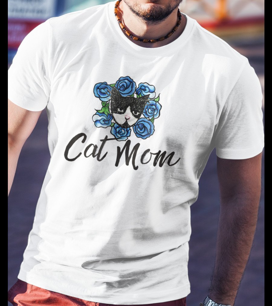 Cat Mom Floral Tuxedo Cat Blue Roses T-Shirt