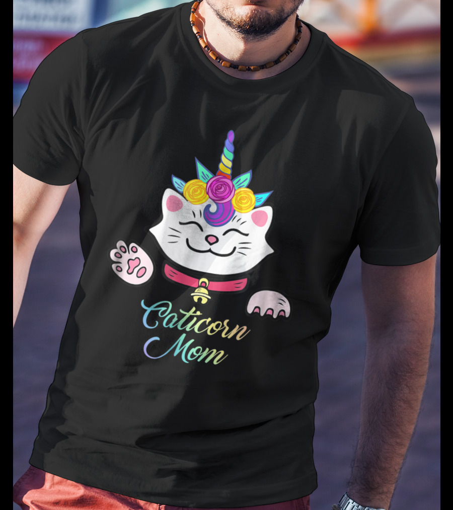 Caticorn Mom Cute Kitten Rainbow Unicorn Cat With Flowers T-Shirt