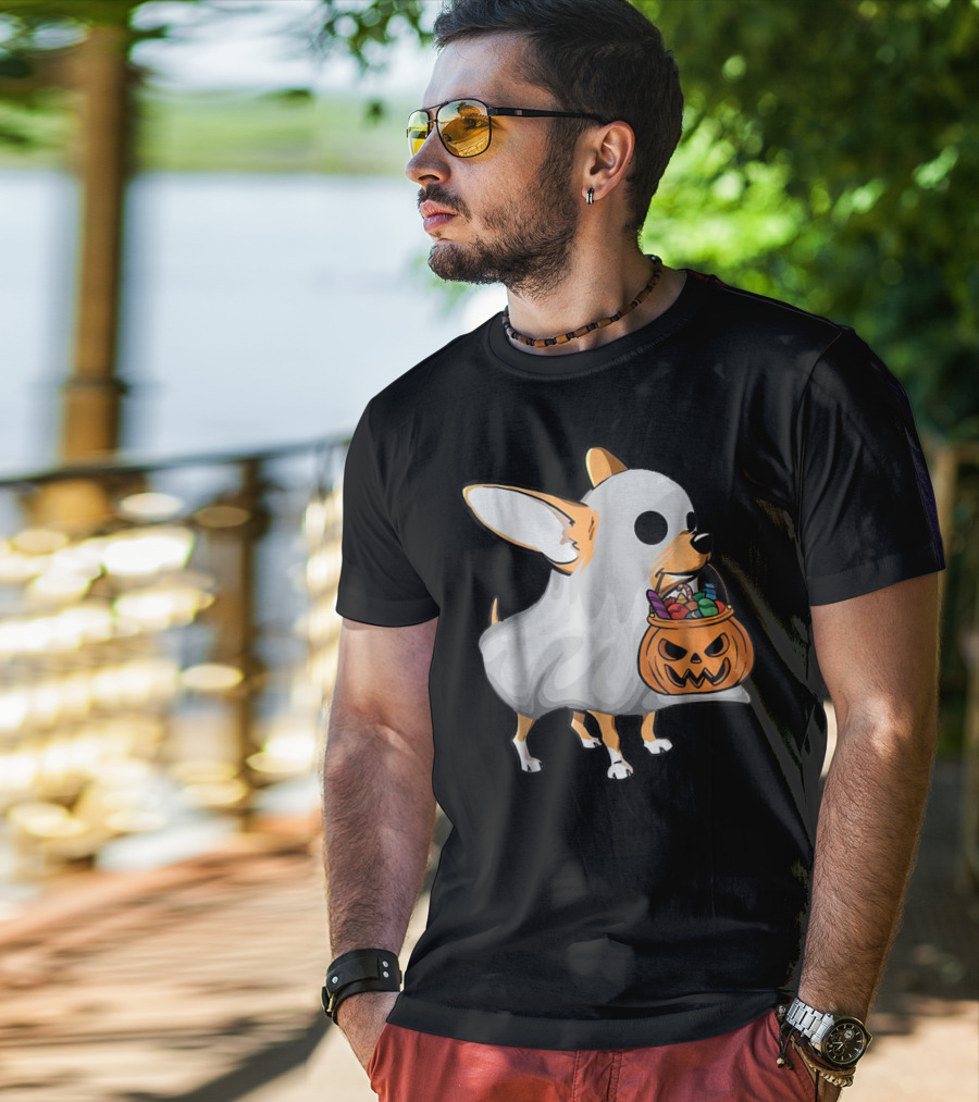 Ghost Chihuahua Trick-or-Treat Pumpkin Basket T-Shirt