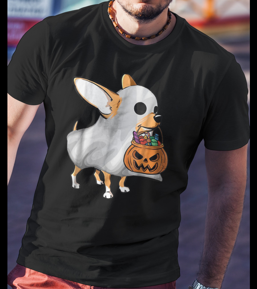 Ghost Chihuahua Trick-or-Treat Pumpkin Basket T-Shirt