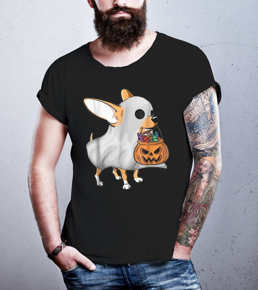 Ghost Chihuahua Trick-or-Treat Pumpkin Basket T-Shirt
