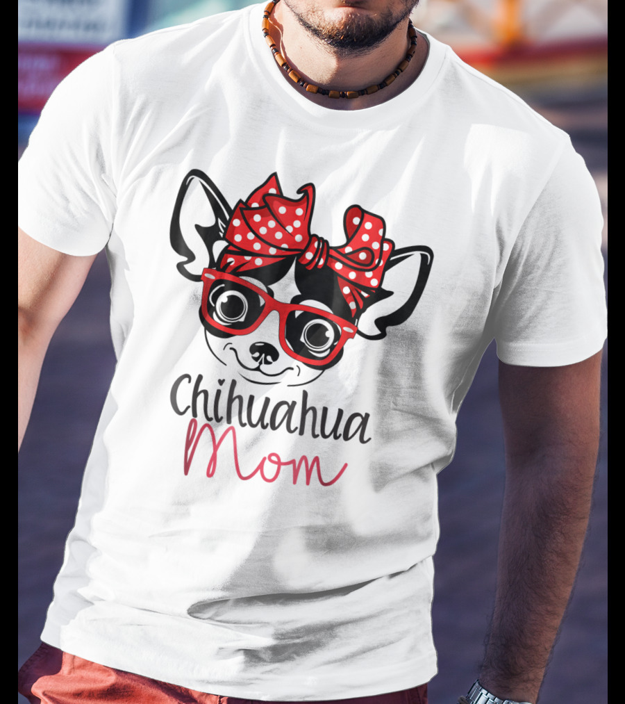 Chihuahua Mom Red Glasses And Polka Dot Bow T-Shirt