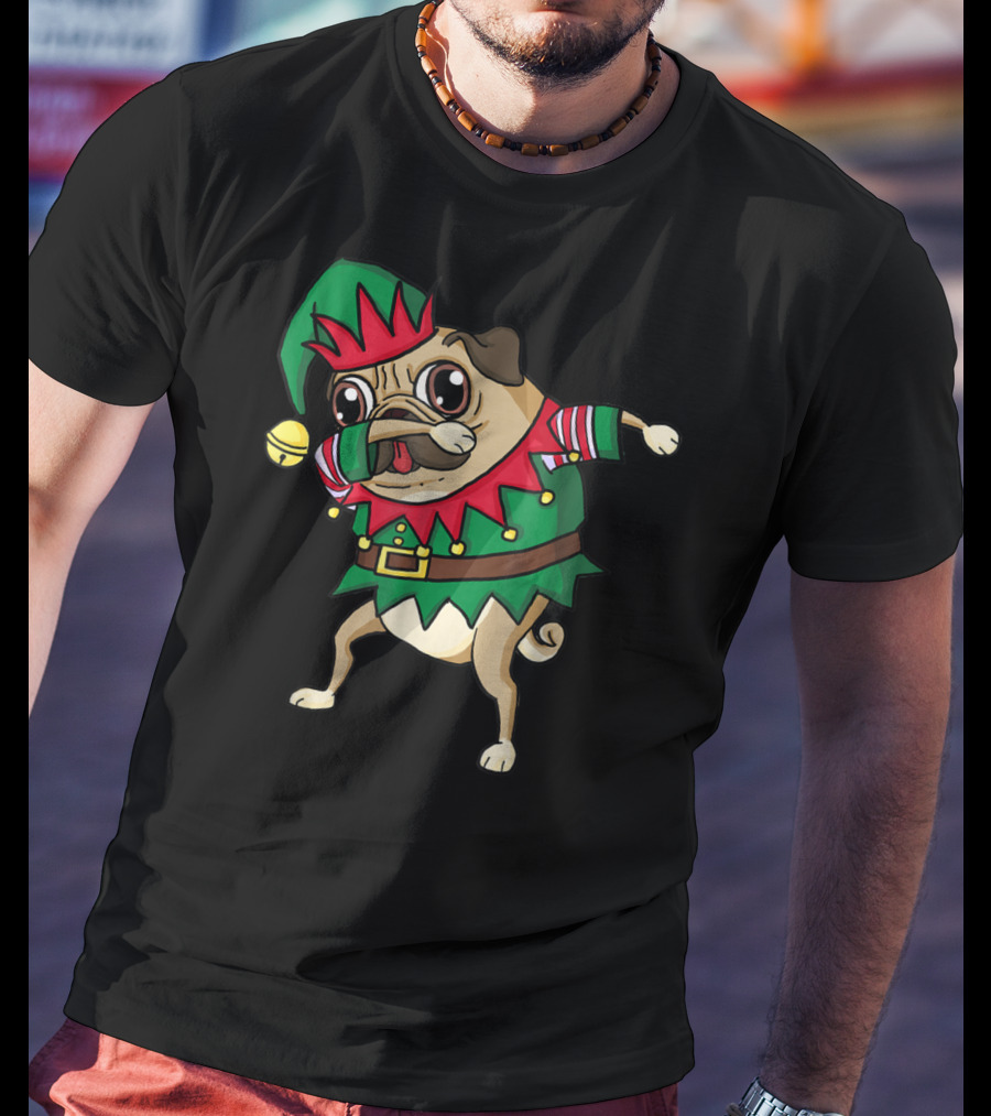 Christmas Dabbing Pug Dog Elf Costume With Festive Hat And Green Red T-Shirt