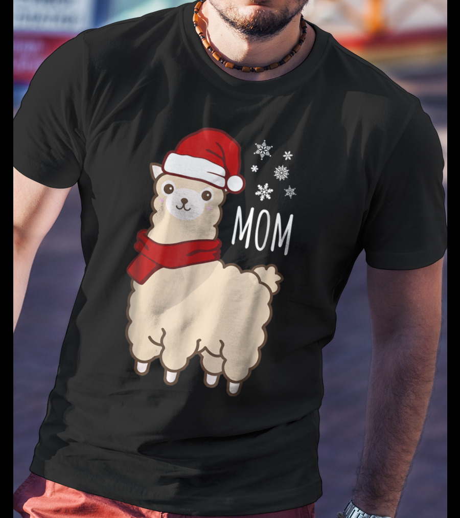 Christmas Mom Llama Cria Herd Xmas Mother Santa Hat Snowflakes T-Shirt