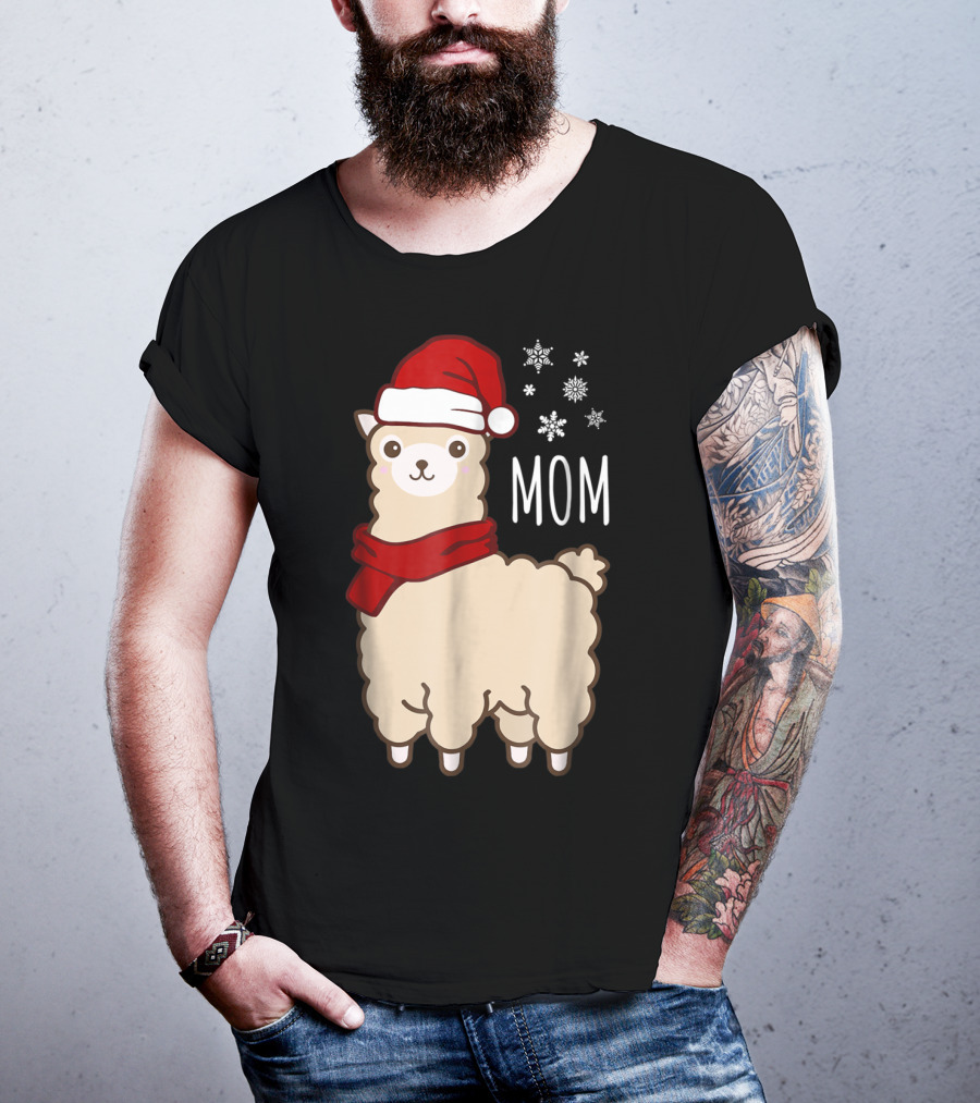 Christmas Mom Llama Cria Herd Xmas Mother Santa Hat Snowflakes T-Shirt