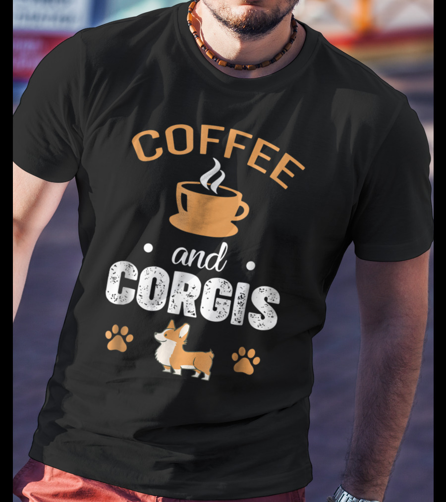 Coffee And Corgis Cute Welsh Corgi With Paw Prints And Coffee Cup T-Shirt