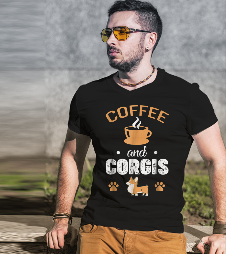 Coffee And Corgis Cute Welsh Corgi With Paw Prints And Coffee Cup T-Shirt