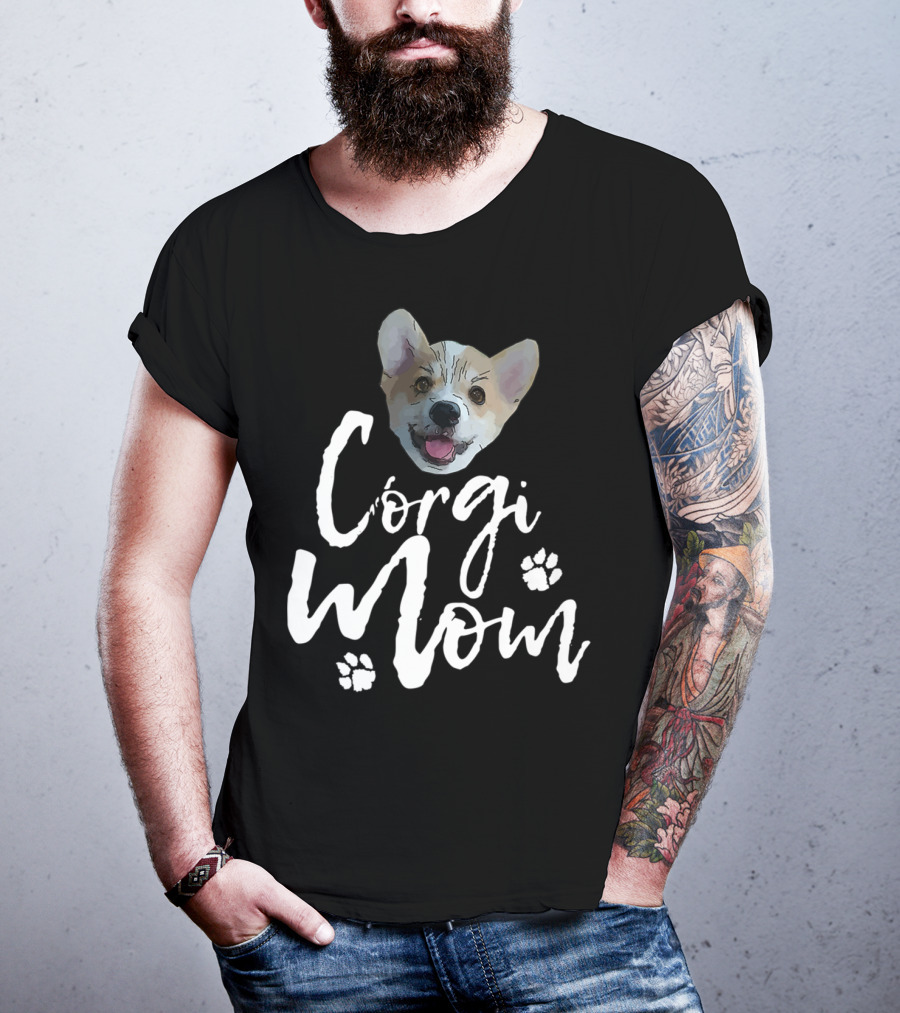 Corgi Mom Cute Dog Face With Paw Print Accents T-Shirt