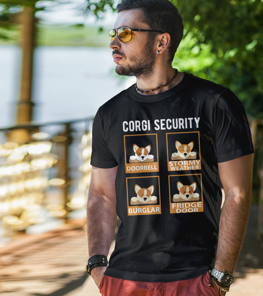 Corgi Security Doorbell Stormy Weather Burglar Fridge Door Pembroke Welsh Dog Mom Funny T-Shirt