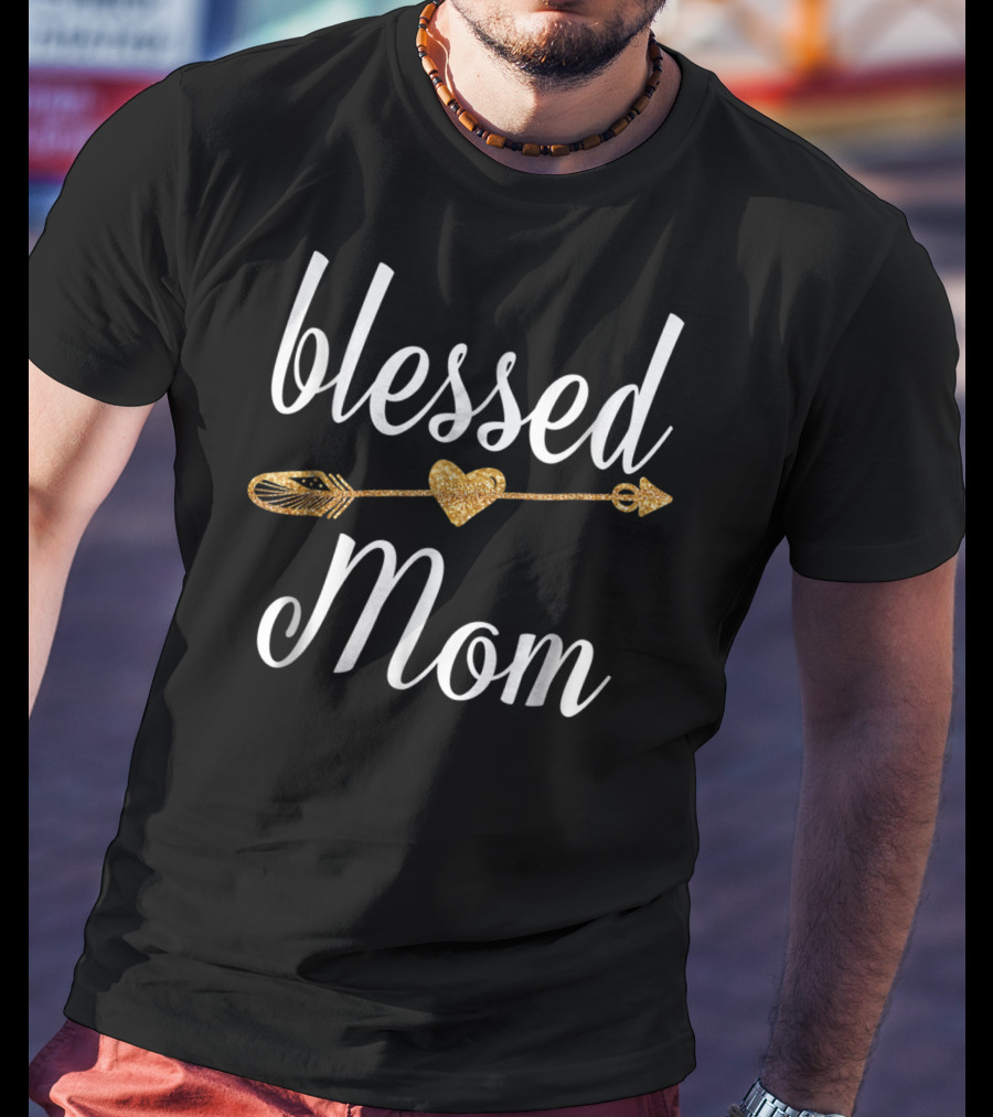 Blessed Mom Gold Heart Arrow T-Shirt