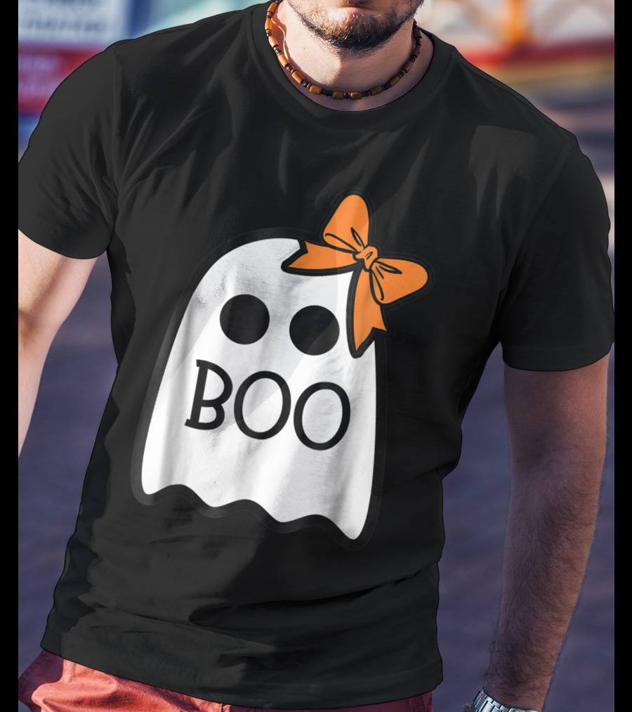 Cute Ghost Boo With Orange Bow For Halloween T-Shirt