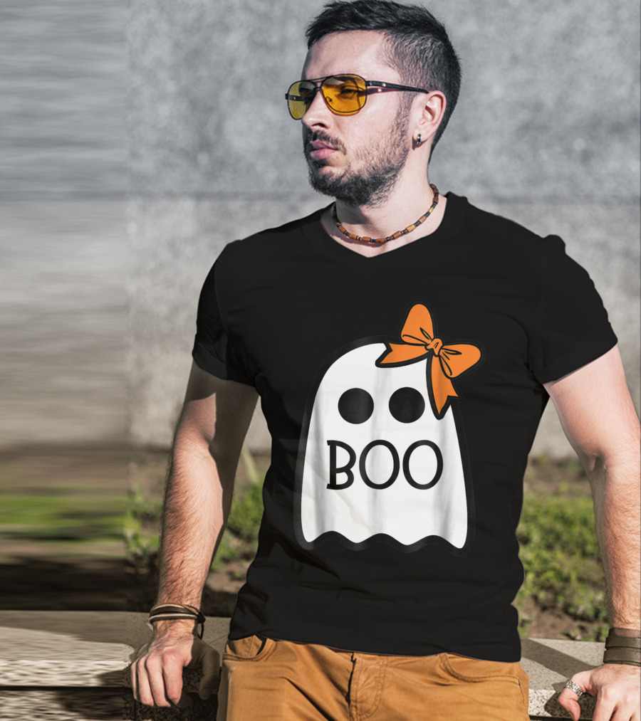 Cute Ghost Boo With Orange Bow For Halloween T-Shirt