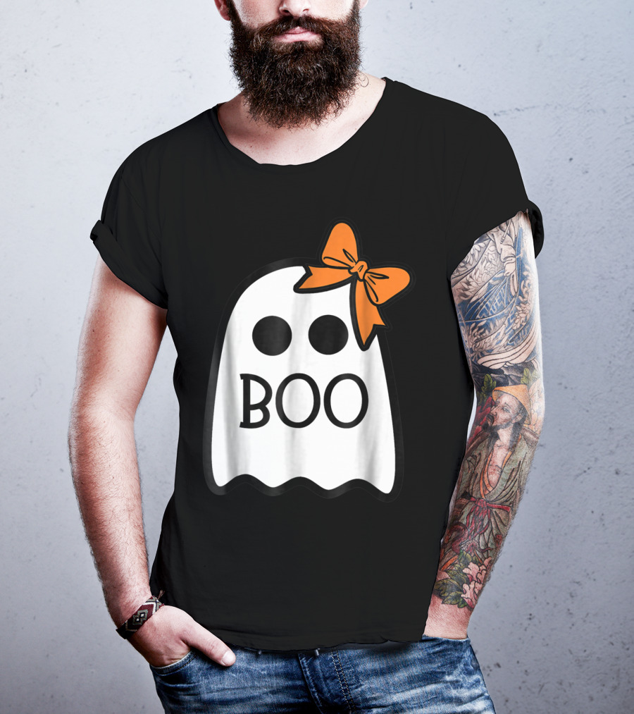 Cute Ghost Boo With Orange Bow For Halloween T-Shirt