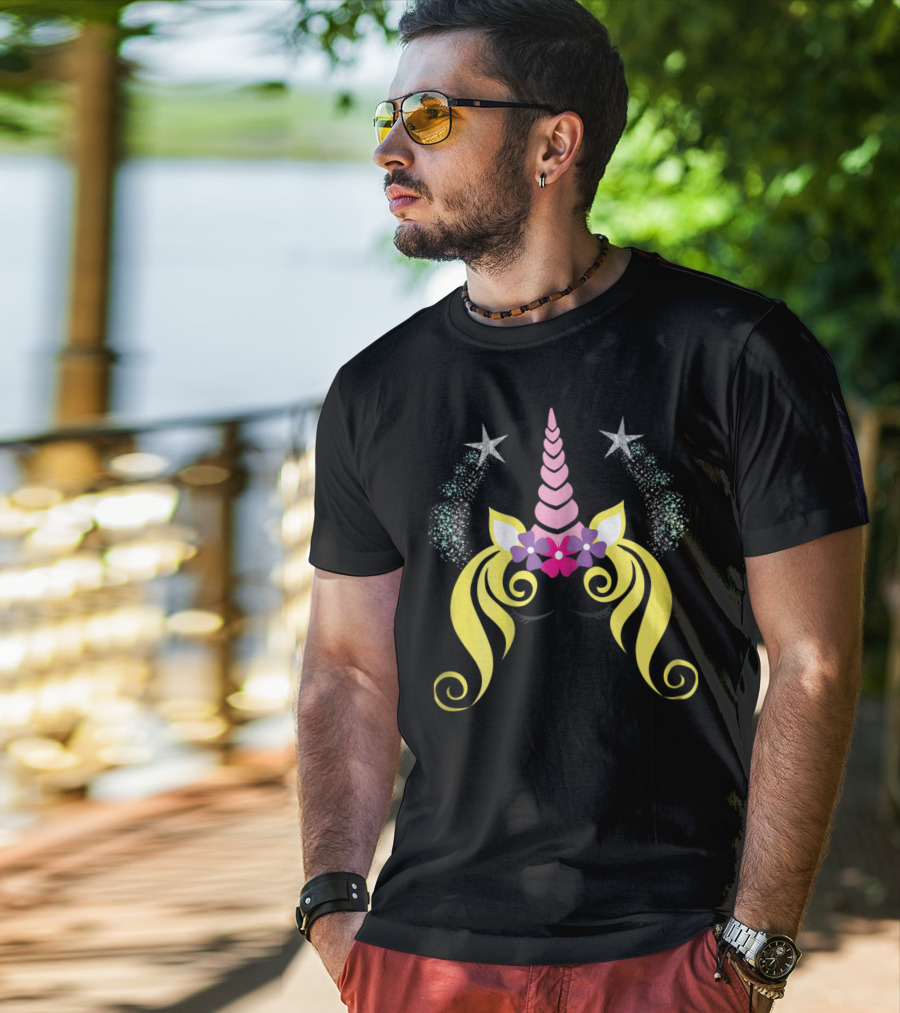 Floral Unicorn Face With Sparkling Stars Birthday T-Shirt