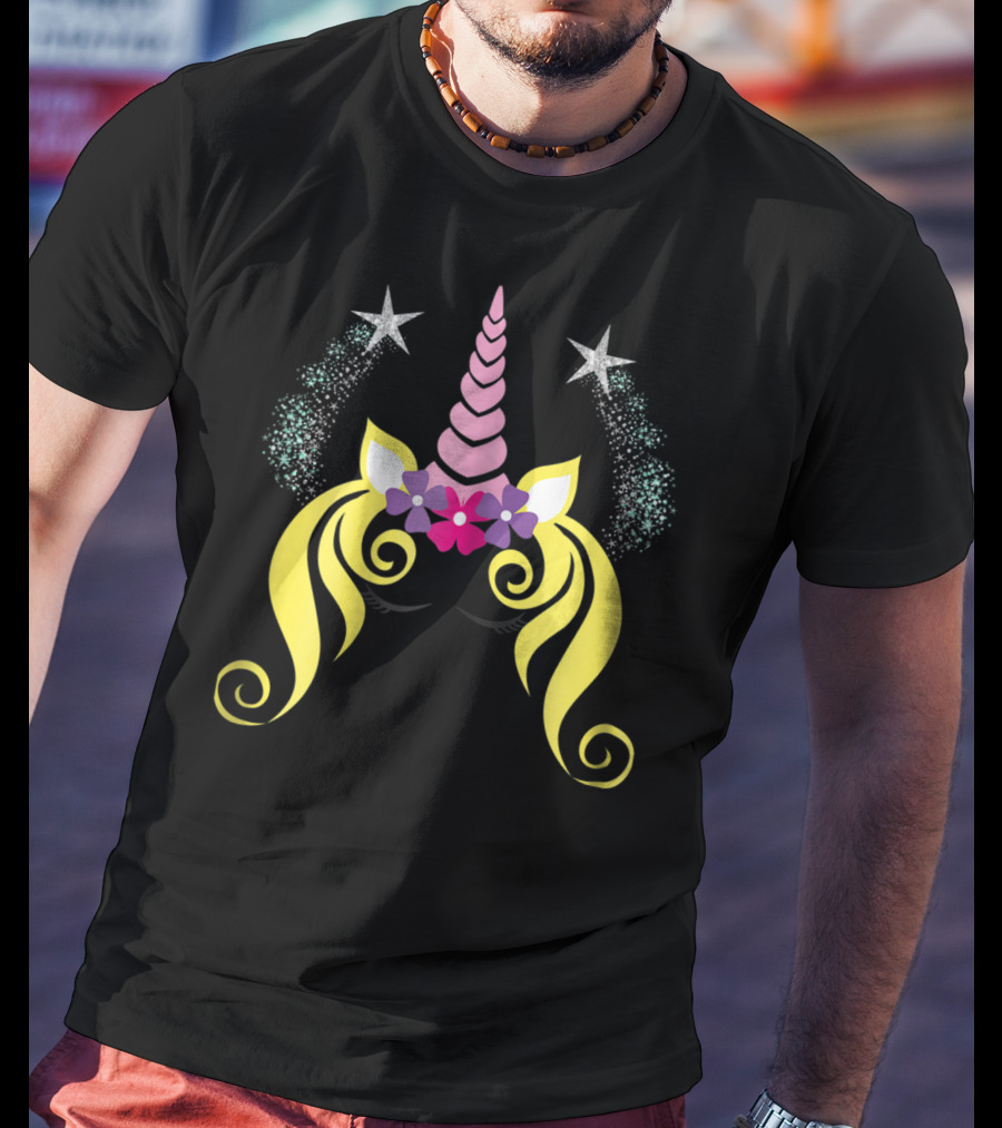 Floral Unicorn Face With Sparkling Stars Birthday T-Shirt