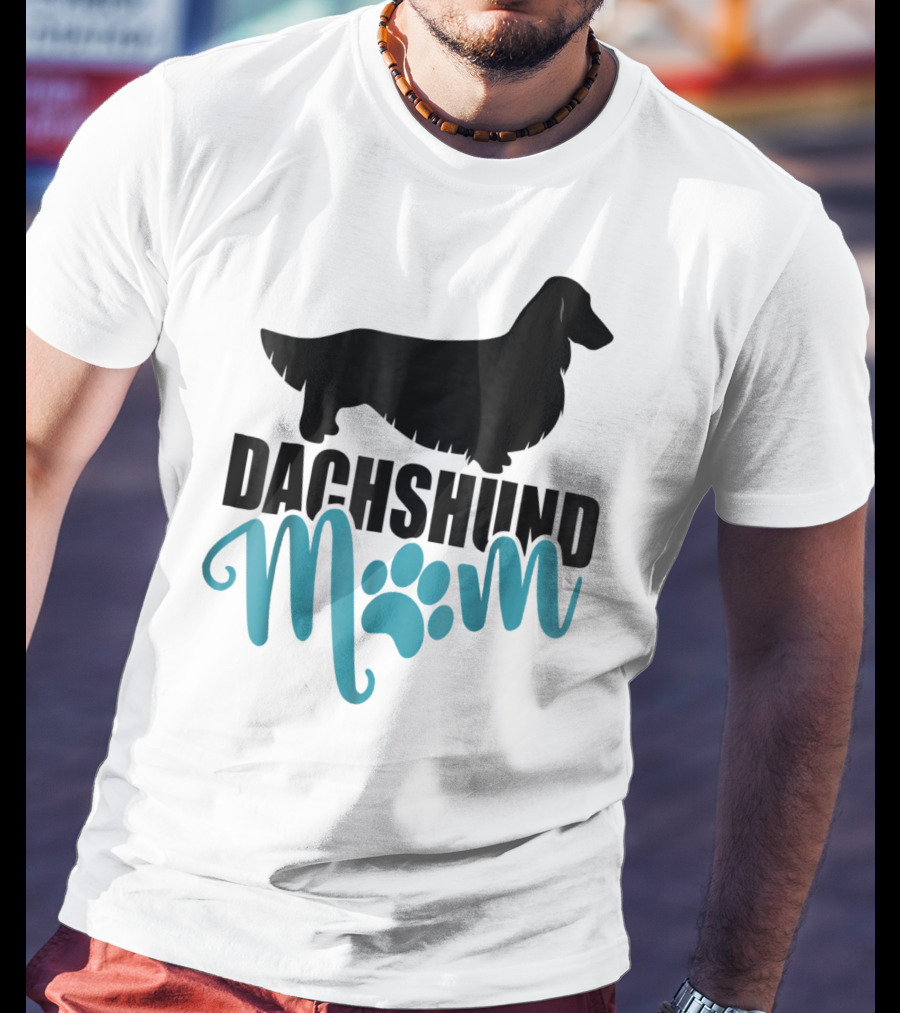 Dachshund Mom Longhair Silhouette With Blue Pawprint Accent T-Shirt