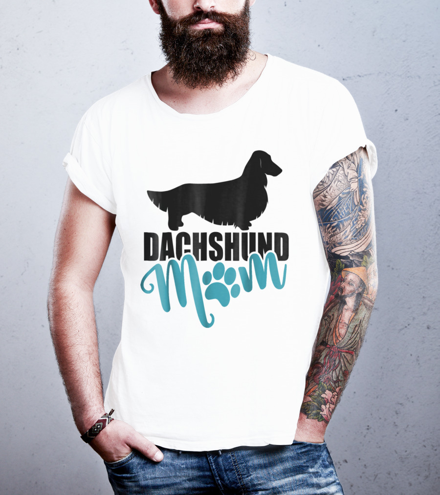 Dachshund Mom Longhair Silhouette With Blue Pawprint Accent T-Shirt
