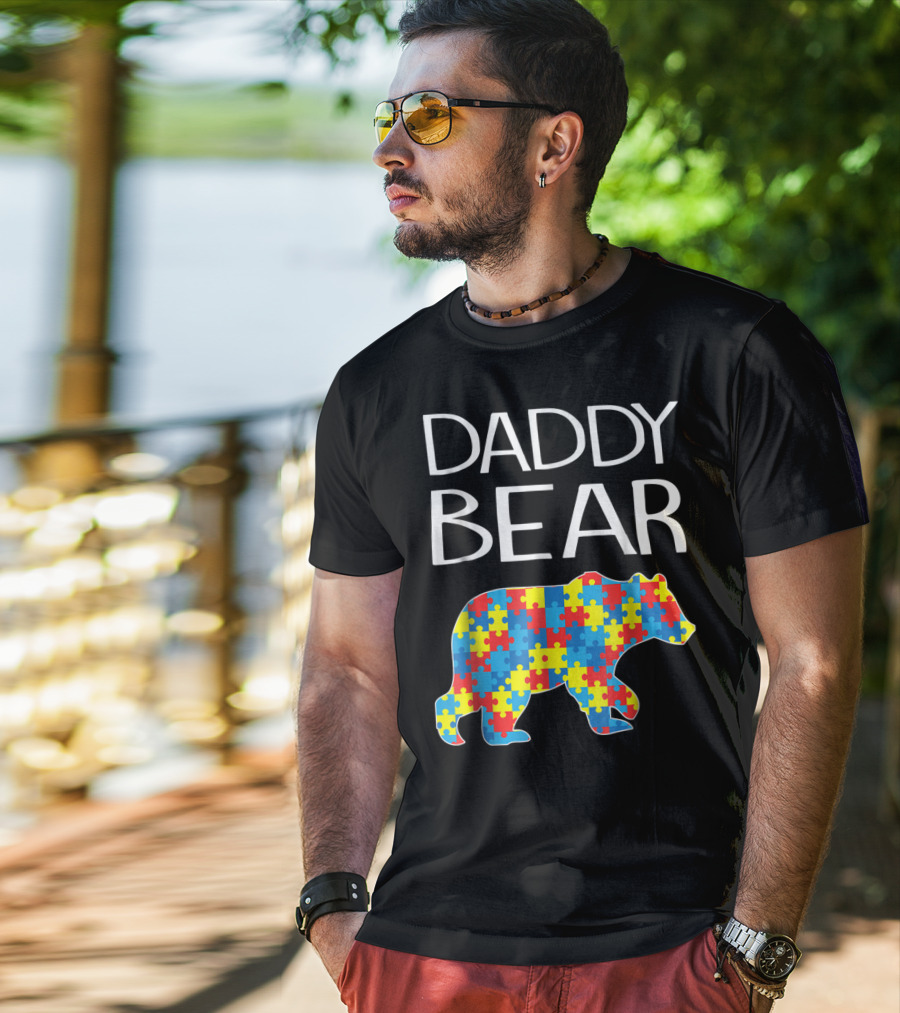 Daddy Bear Autism Puzzle Pattern Child Dad T-Shirt