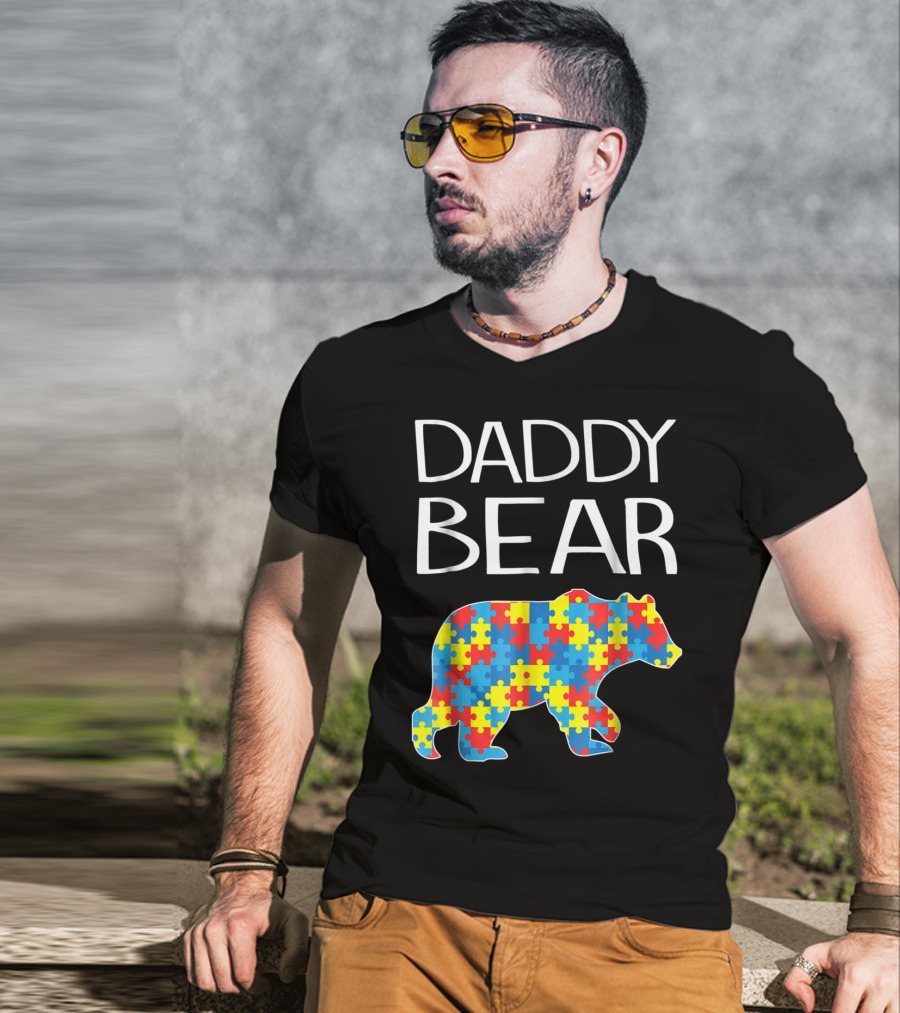 Daddy Bear Autism Puzzle Pattern Child Dad T-Shirt