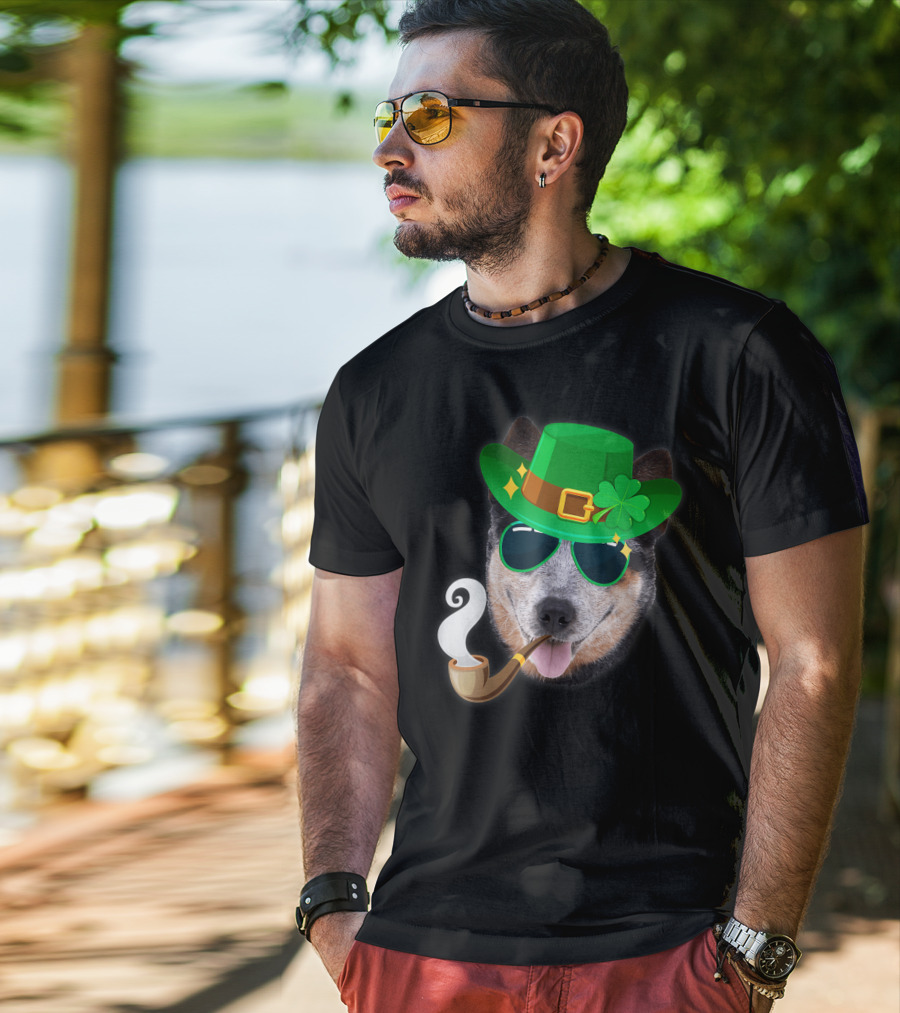 Australian Cattle Dog Leprechaun With Pipe And Shamrock Hat T-Shirt