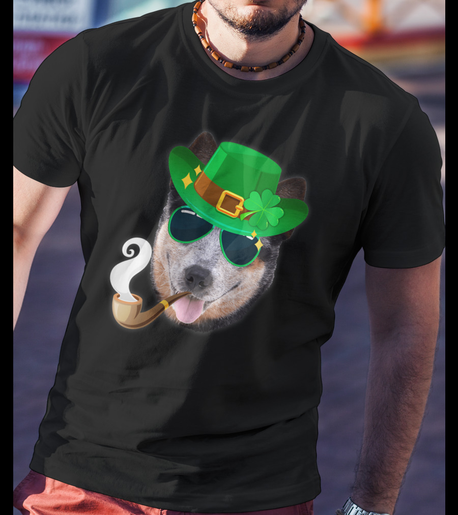 Australian Cattle Dog Leprechaun With Pipe And Shamrock Hat T-Shirt