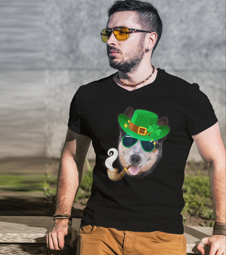 Australian Cattle Dog Leprechaun With Pipe And Shamrock Hat T-Shirt