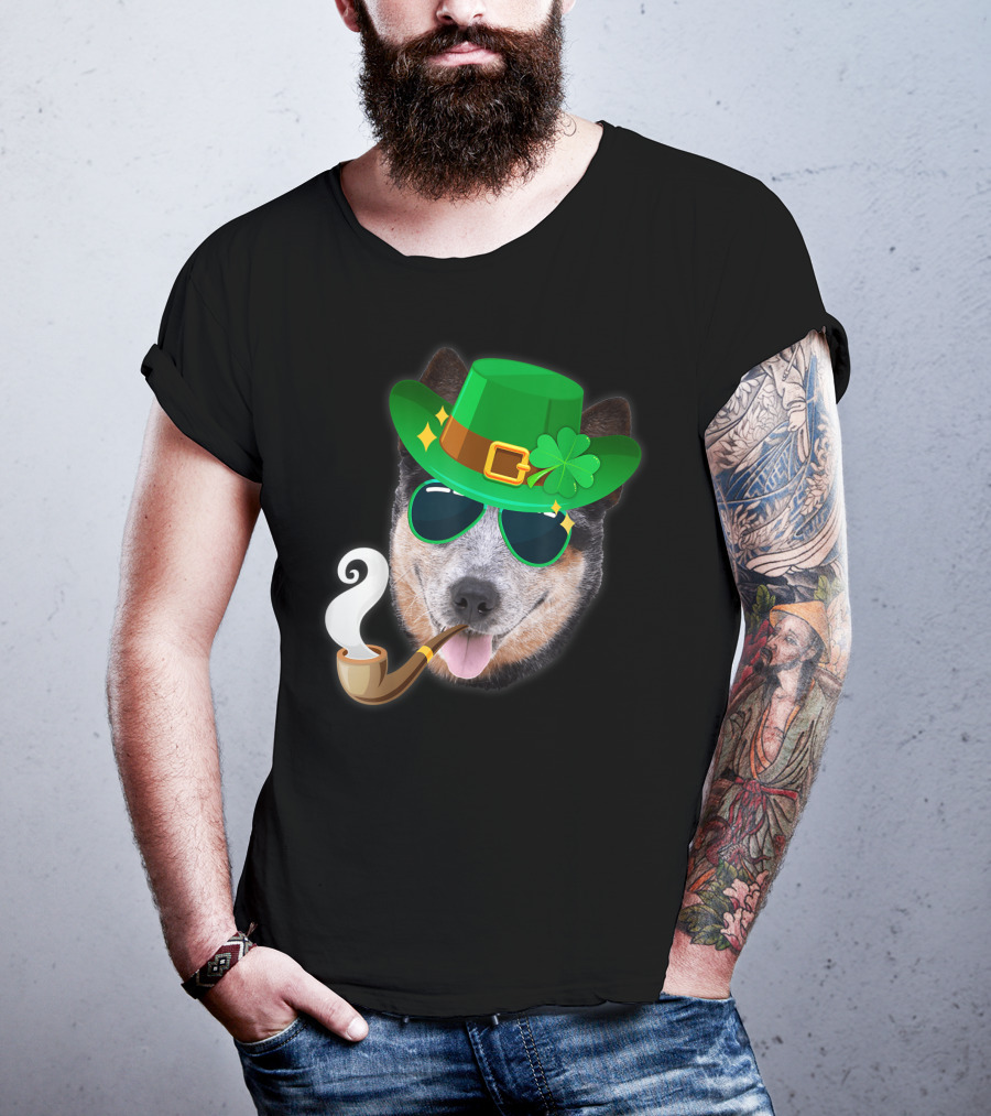Australian Cattle Dog Leprechaun With Pipe And Shamrock Hat T-Shirt