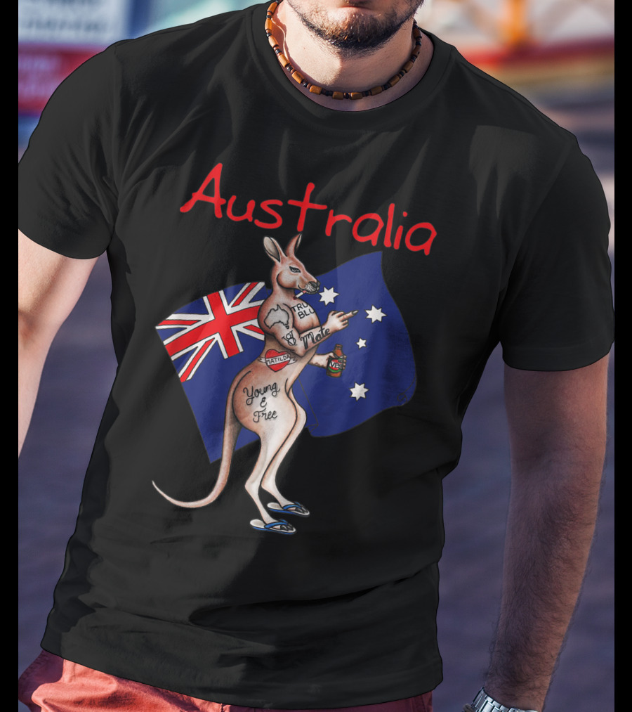 Australia Tattooed Kangaroo Young And Free Flag T-Shirt