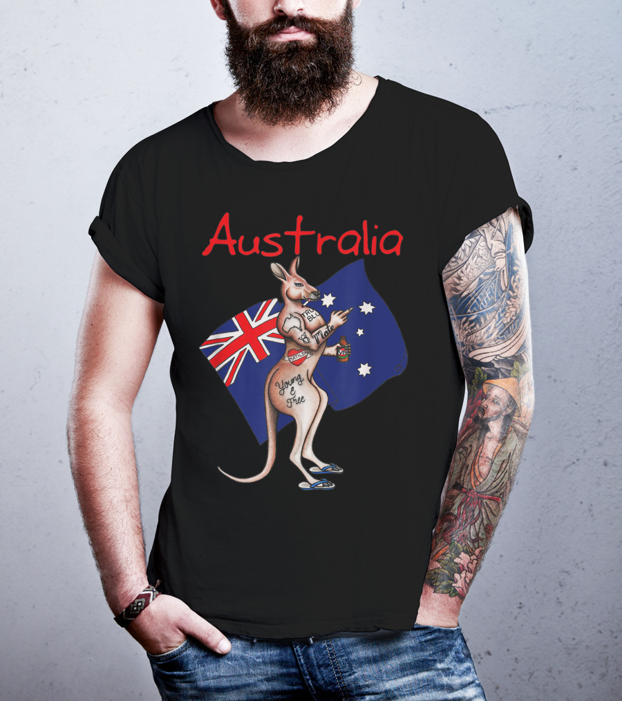 Australia Tattooed Kangaroo Young And Free Flag T-Shirt