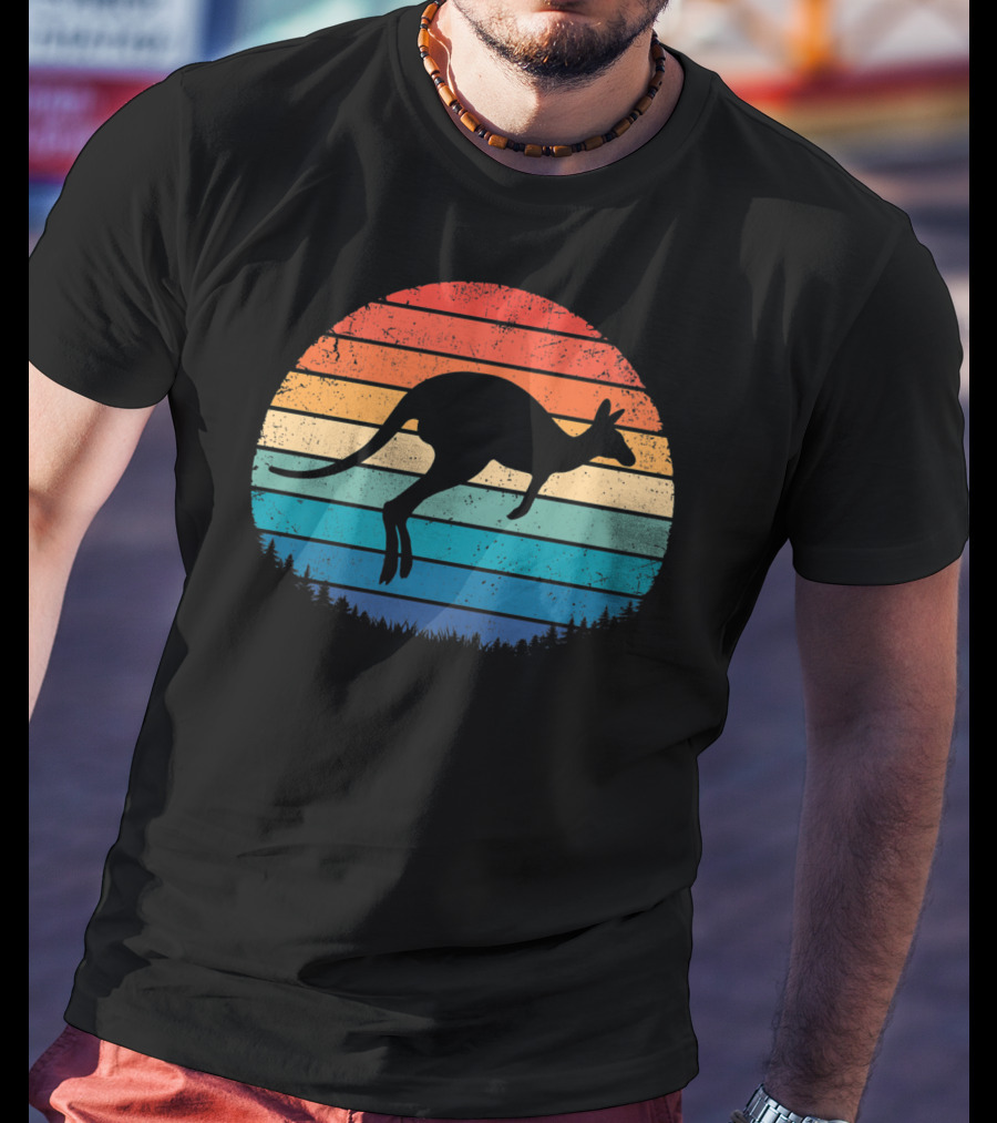 Australia Kangaroo Vintage Sunset Forest Silhouette Retro Stripes T-Shirt