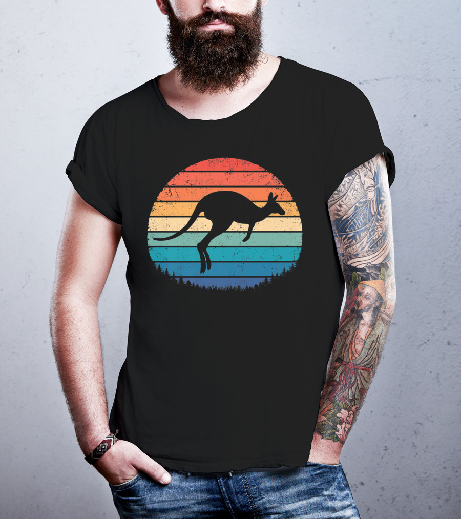 Australia Kangaroo Vintage Sunset Forest Silhouette Retro Stripes T-Shirt