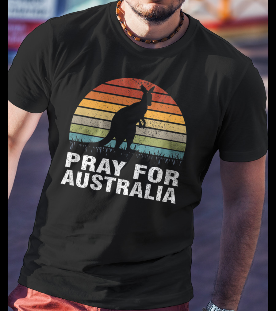 Retro Sun Stripes Kangaroo Silhouette Pray For Australia T-Shirt