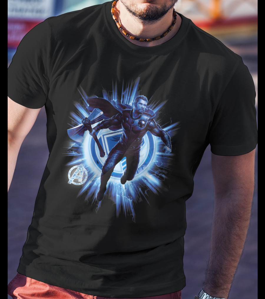 Thor Avengers Endgame Blast With Axe And Blue Lightning Background T-Shirt