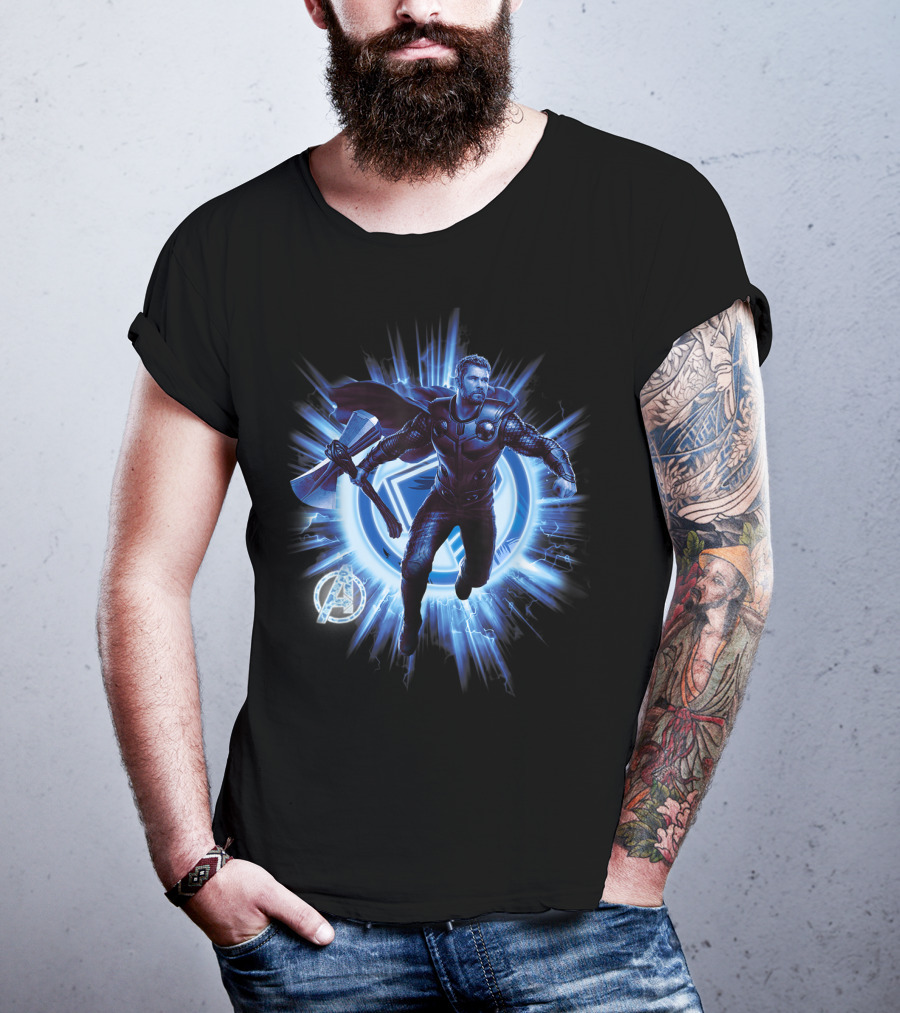 Thor Avengers Endgame Blast With Axe And Blue Lightning Background T-Shirt