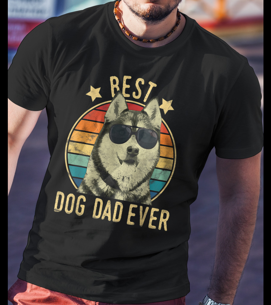 Mens Best Dog Dad Ever Siberian Husky Wearing Sunglasses T-Shirt