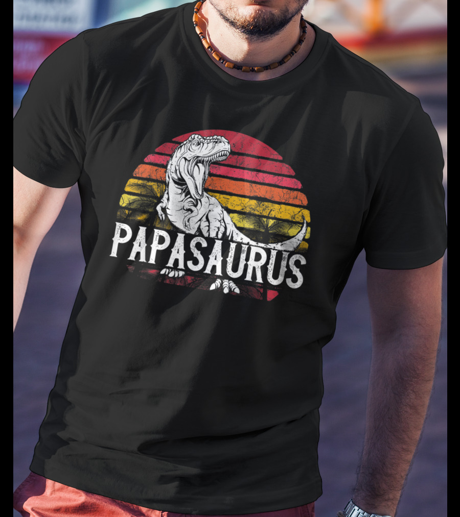 Mens Father's Day Papasaurus Dinosaur Retro Sunset T-Shirt