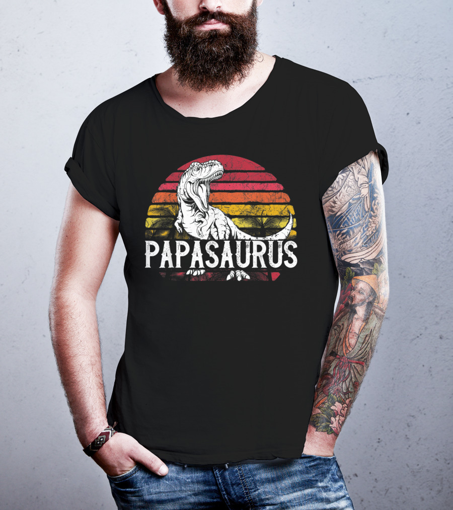 Mens Father's Day Papasaurus Dinosaur Retro Sunset T-Shirt