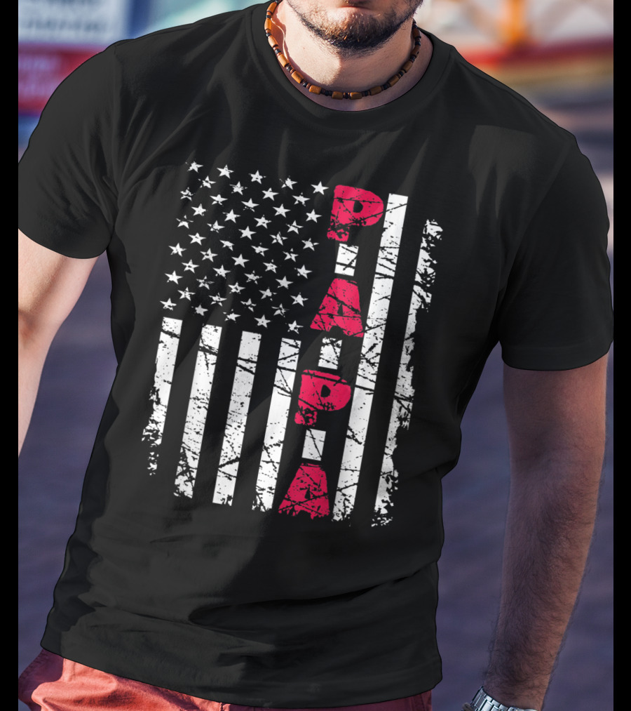 Mens Proud Papa American Flag Christmas Husban T-Shirt