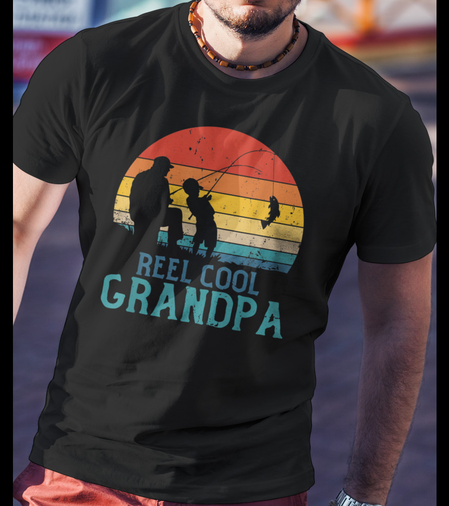 Reel Cool Grandpa Fishing Father's Day Grandfather Retro Sunset T-Shirt
