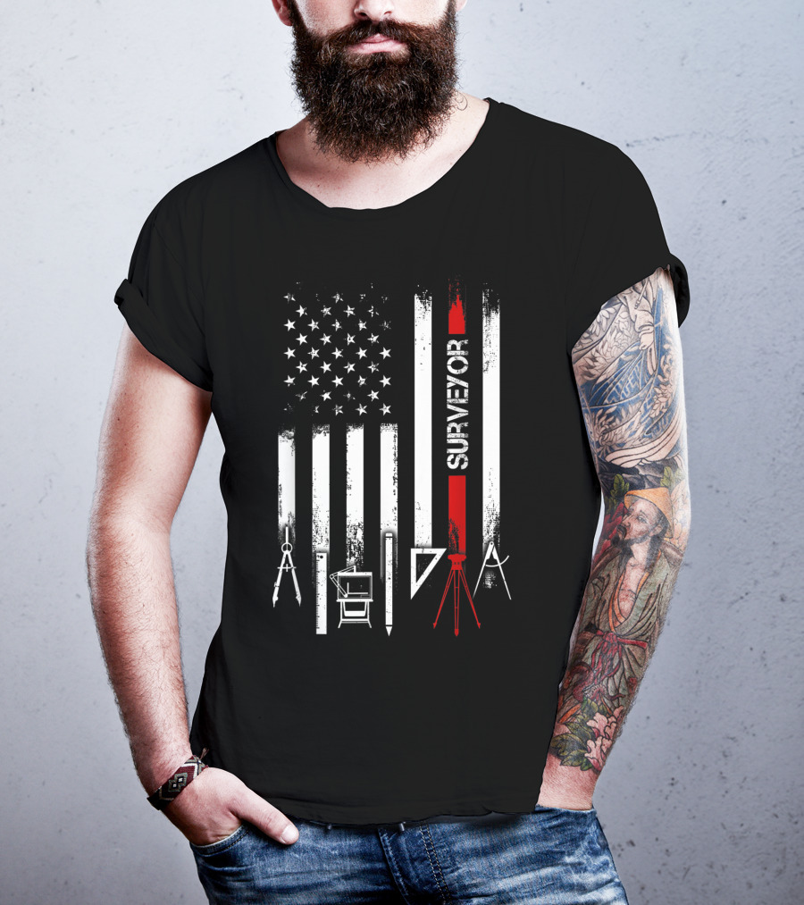 Surveyor American Flag With Tools And Compass Elements T-Shirt
