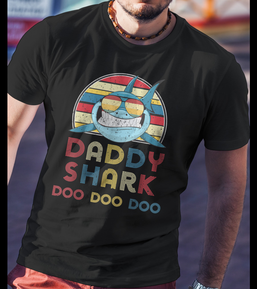 Daddy Shark Doo Doo Doo Retro Vintage Stripes T-Shirt