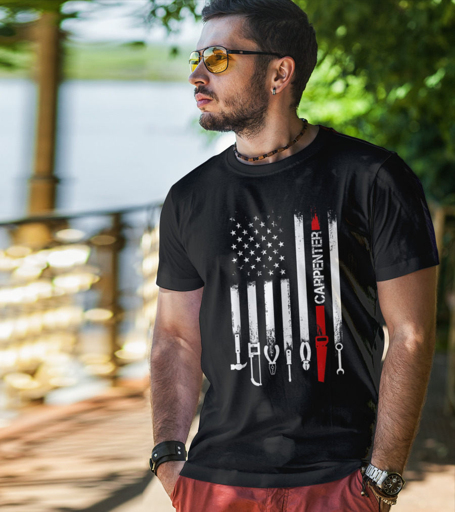 American Flag Carpenter Tools Vertical Stripes Saw Wrench Pliers Hammer T-Shirt