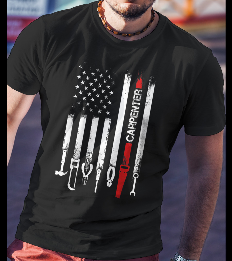 American Flag Carpenter Tools Vertical Stripes Saw Wrench Pliers Hammer T-Shirt