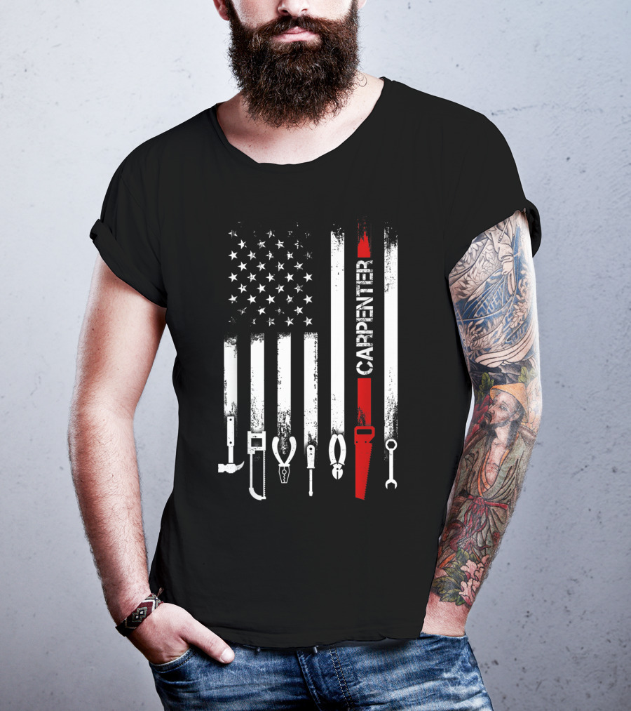 American Flag Carpenter Tools Vertical Stripes Saw Wrench Pliers Hammer T-Shirt