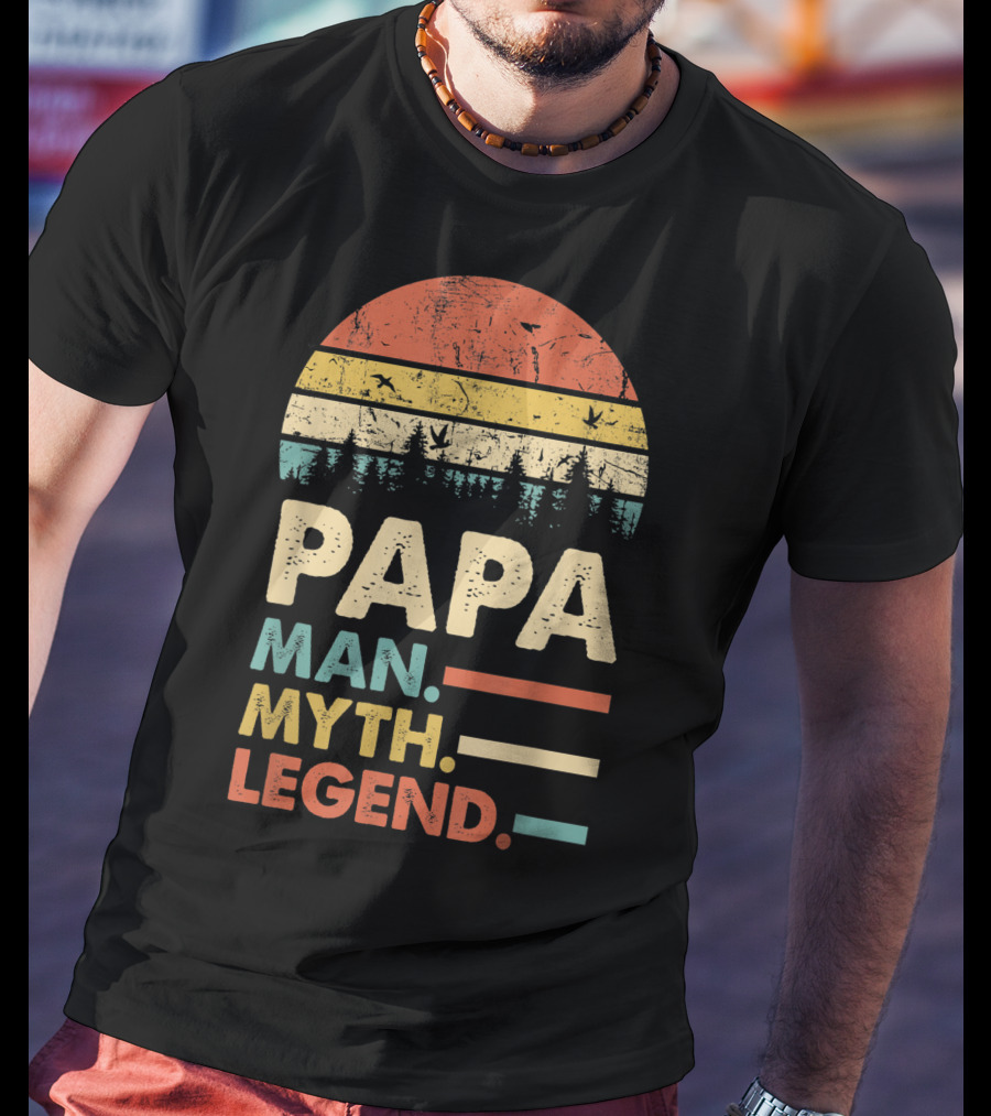 Papa Man Myth Legend Vintage Mens Dad Yx Retro Sunset Forest Birds T-Shirt